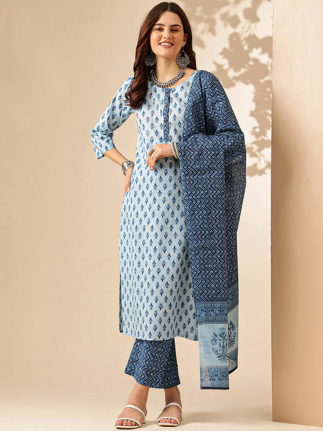 

KALINI Floral Printed Pure Cotton Kurta With Trouser & Dupatta, Blue