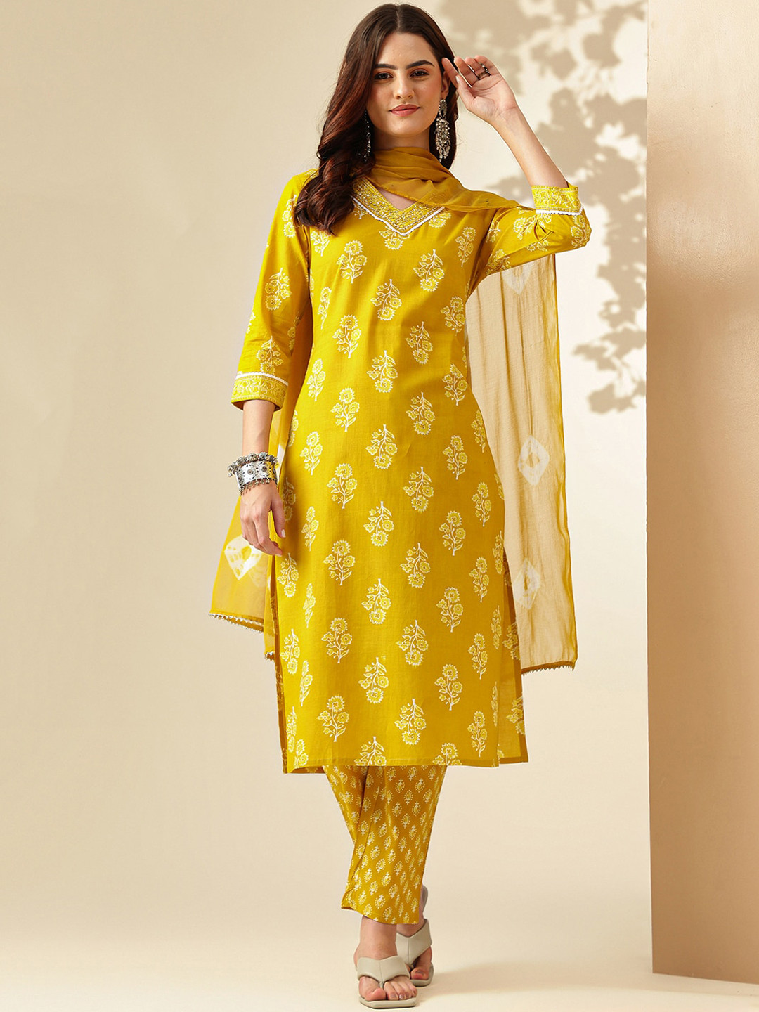 

KALINI Floral Printed Sequinned Pure Cotton Straight Kurta with Trousers & Dupatta, Yellow