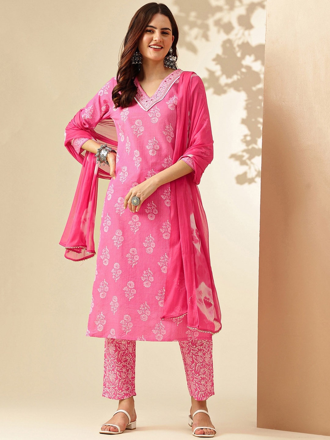 

KALINI Floral Printed Sequinned Pure Cotton Straight Kurta with Trousers & Dupatta, Pink
