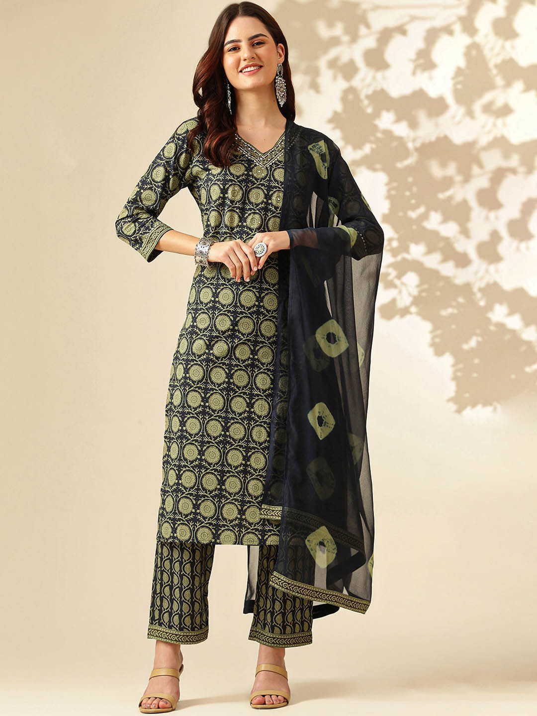 

KALINI Floral Printed Pure Cotton Kurta With Trouser & Dupatta, Navy blue