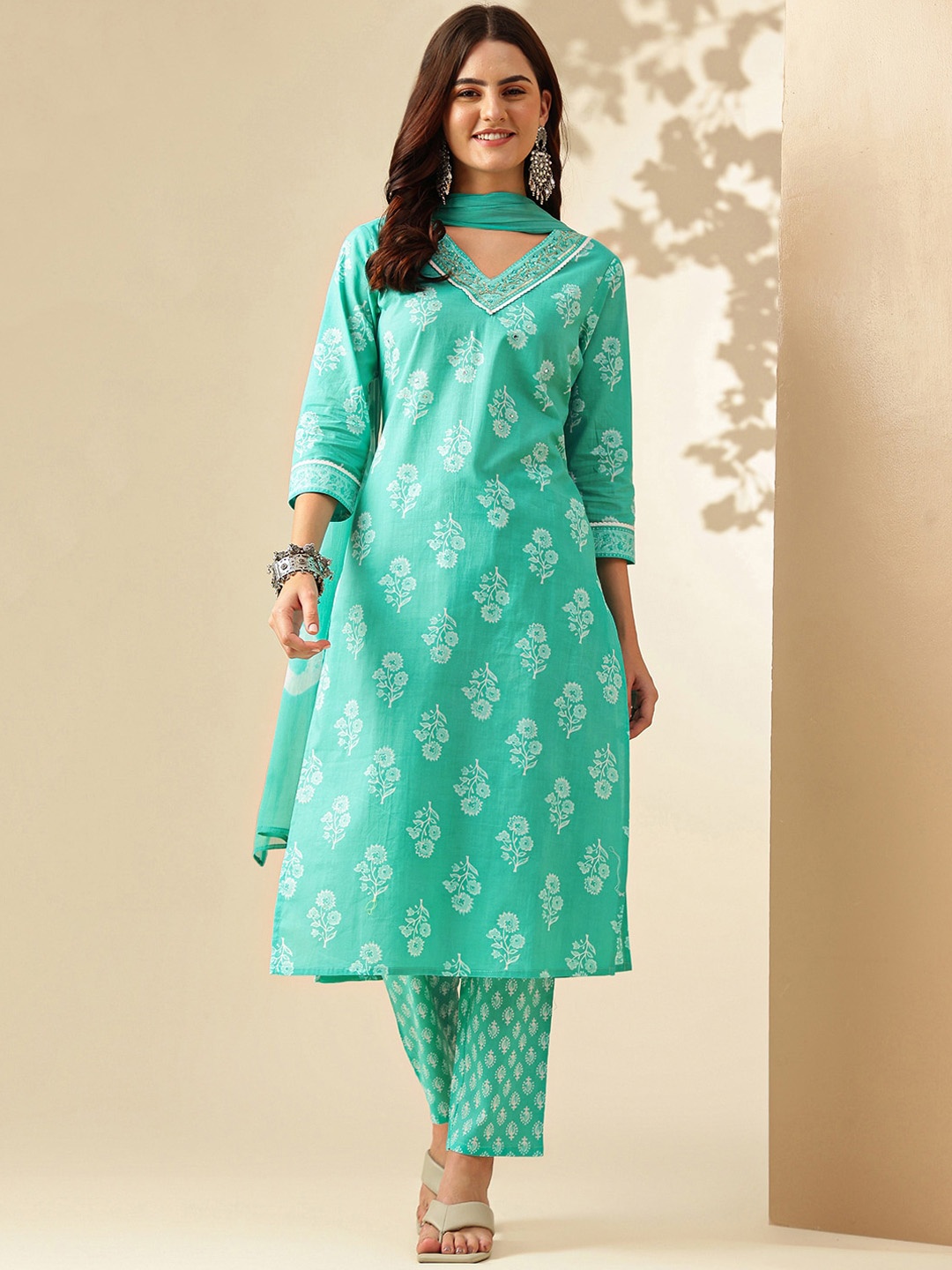 

KALINI Floral Printed Sequinned Pure Cotton Straight Kurta with Trousers & Dupatta, Sea green