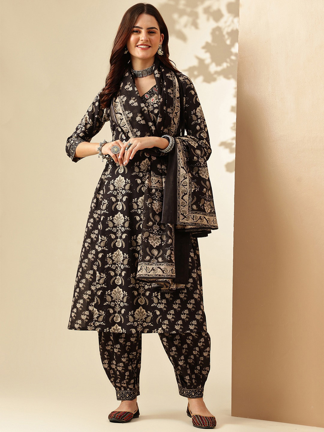 

KALINI Ethnic Motifs Printed V-Neck A-Line Mirror Work Pure Cotton Kurta Set & Dupatta, Black