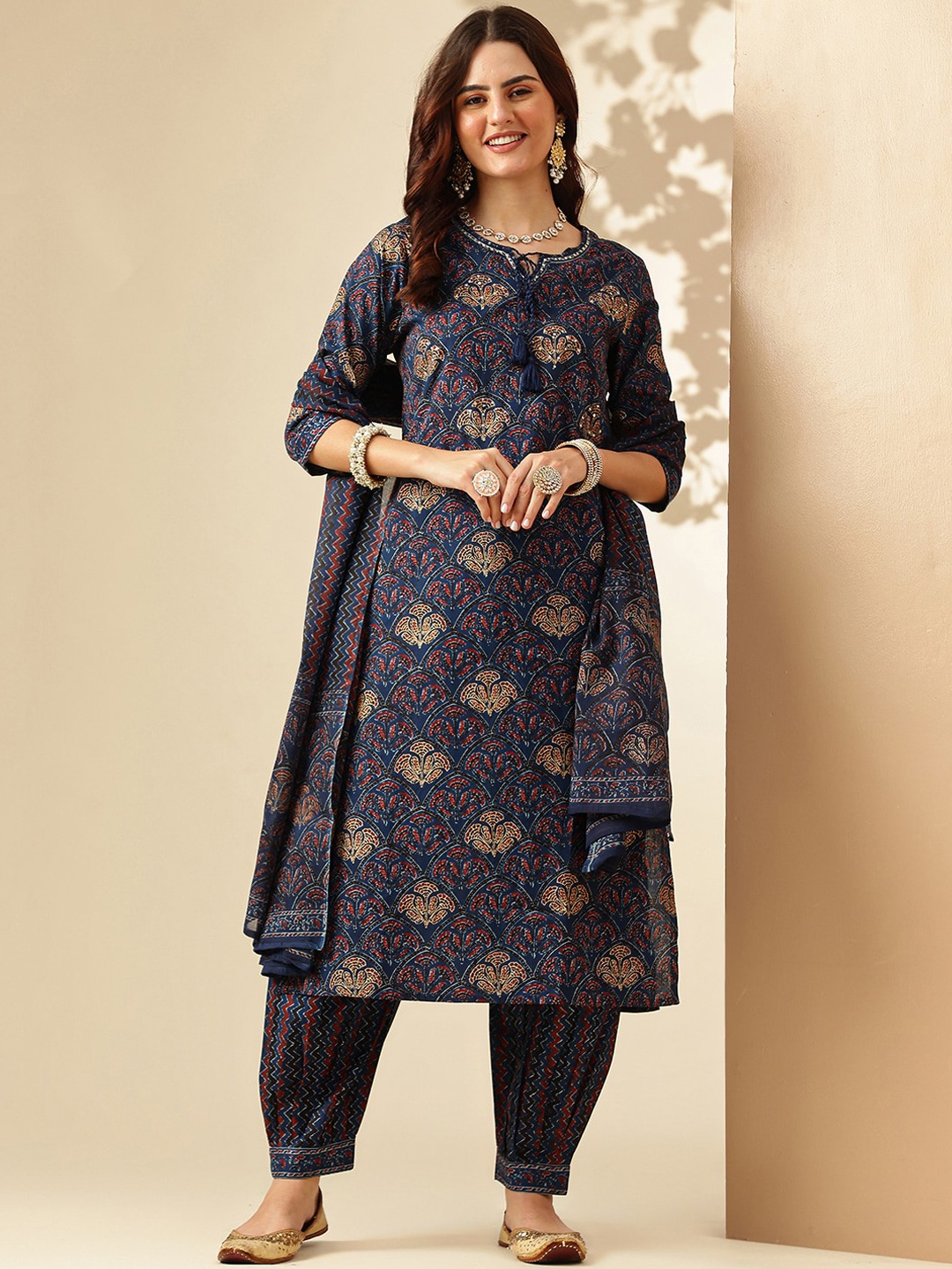 

KALINI Ethnic Motifs Printed Sequinned Pure Cotton Straight Kurta with Salwar & Dupatta, Navy blue