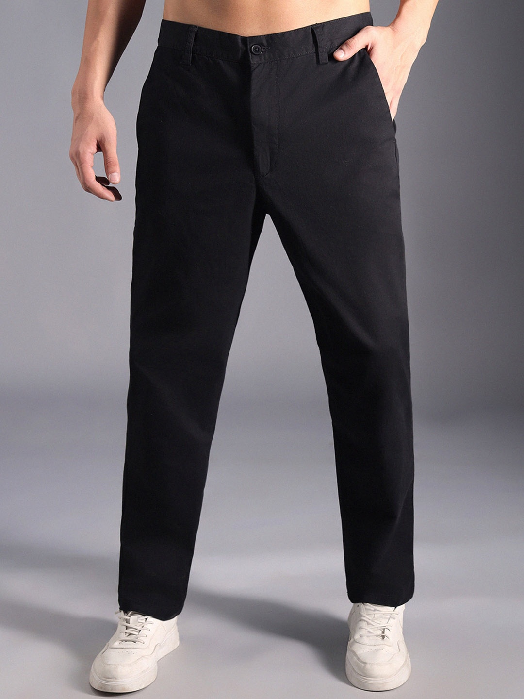 

High Star Men Relaxed Mid-Rise Cotton Regular Trousers, Black