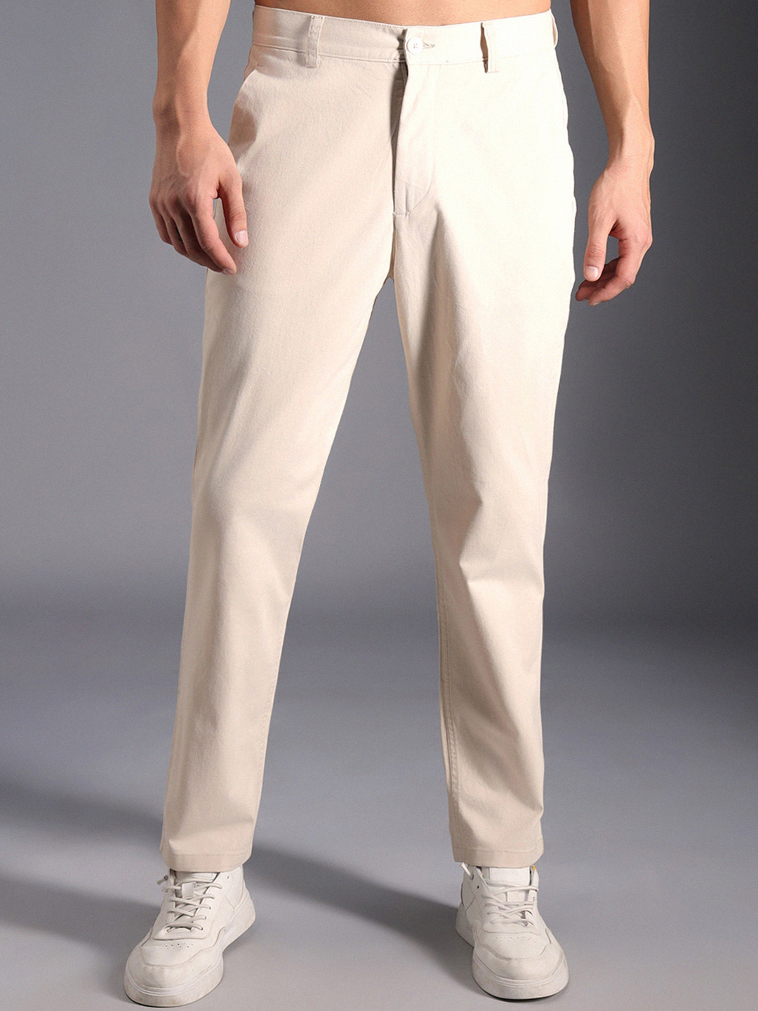 

High Star Men Relaxed Mid-Rise Cotton Regular Trousers, Beige