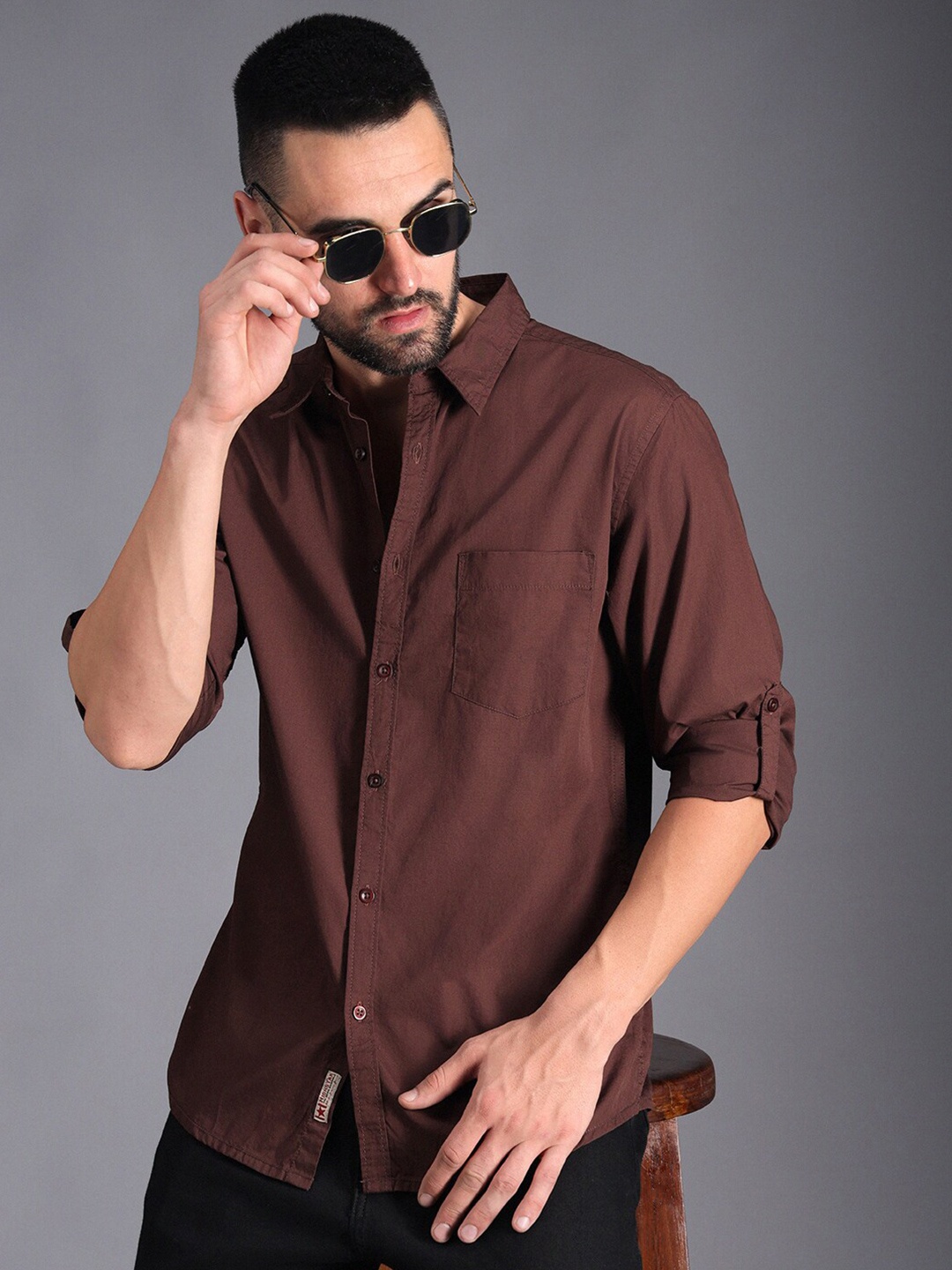 

High Star Classic Roll Up Sleeves Pure Cotton Casual Shirt, Brown