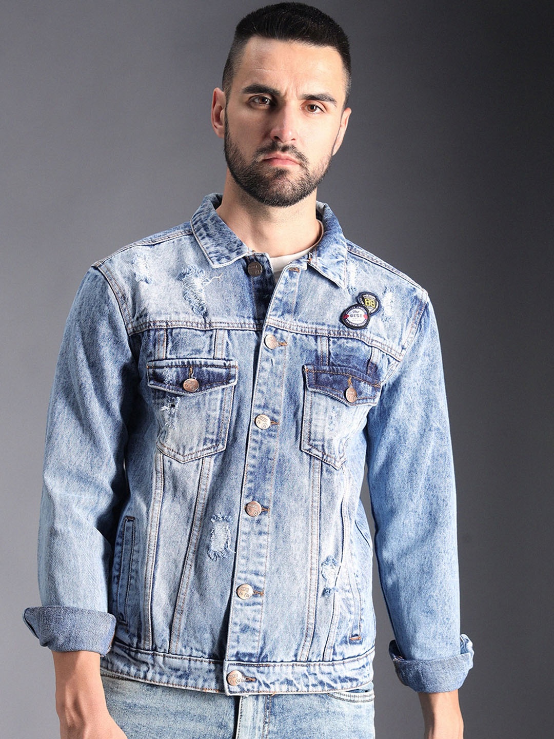 

High Star Washed Spread Collar Patchwork Cotton Denim Jacket, Blue