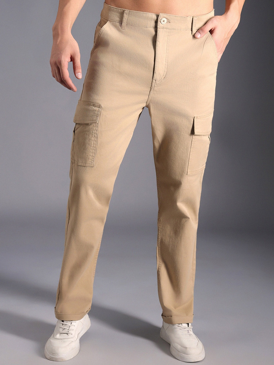 

High Star Men Relaxed Straight Leg Mid-Rise Cargos Trousers, Khaki