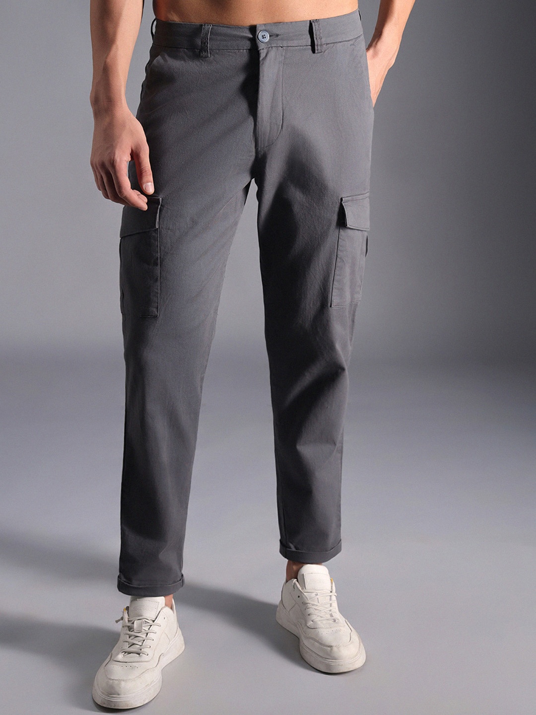 

High Star Men Relaxed Mid-Rise Cotton Cargos Trousers, Charcoal