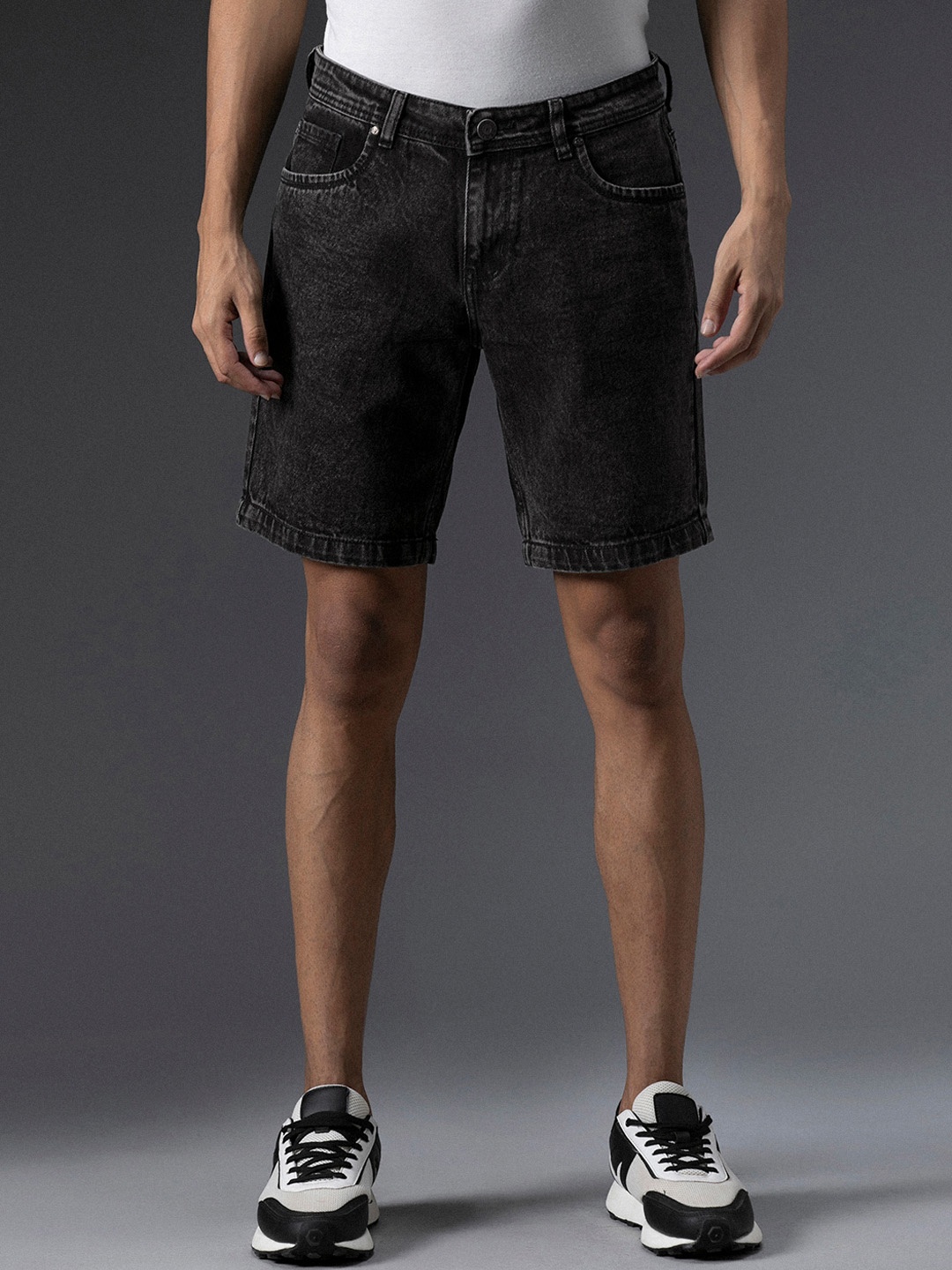 

High Star Men Washed Mid-Rise Cotton Denim Shorts, Black