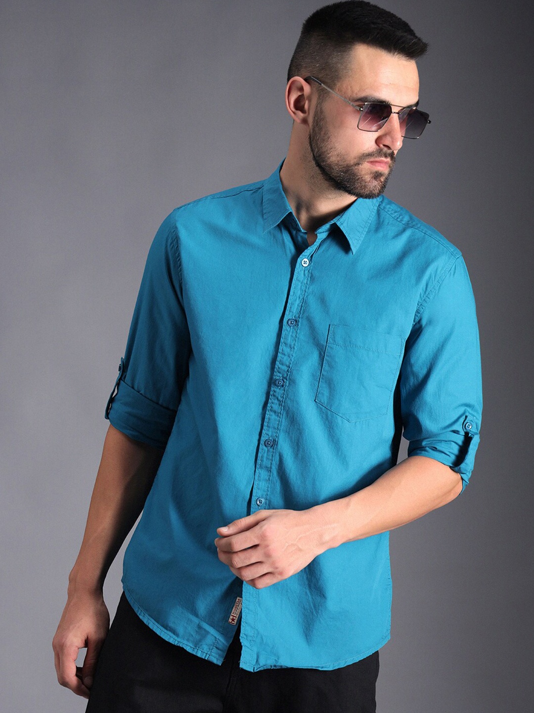

High Star Classic Roll Up Sleeves Pure Cotton Casual Shirt, Blue
