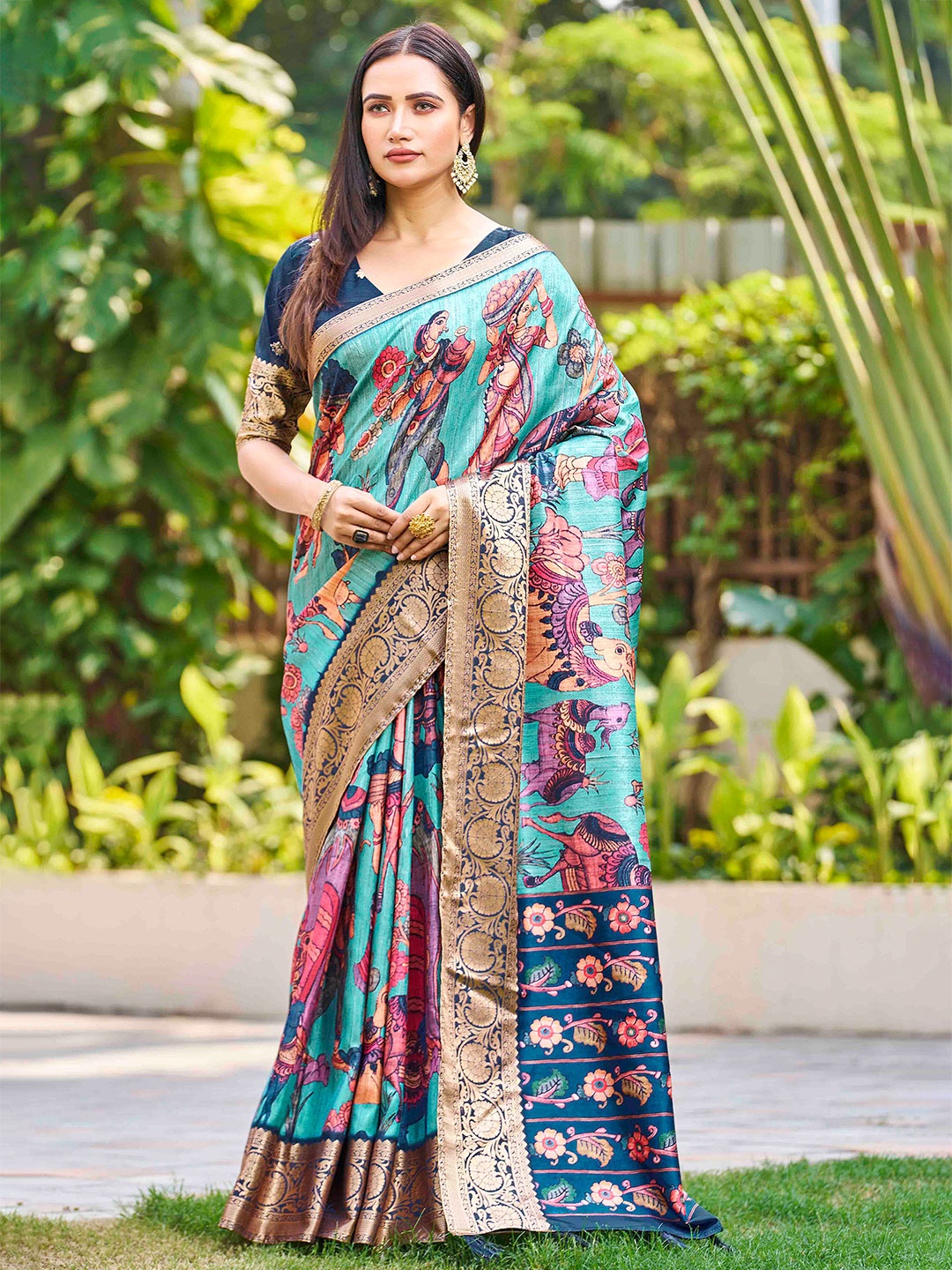 

CHANSI Kalamkari Printed Zari Saree, Blue