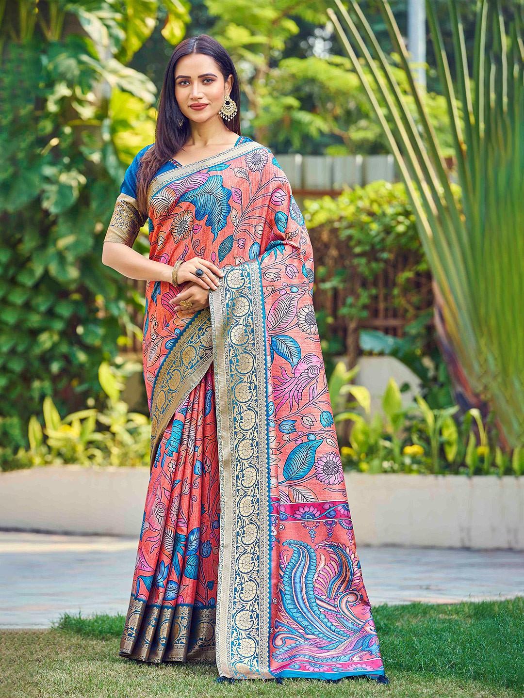 

CHANSI Kalamkari Printed Zari Saree, Peach