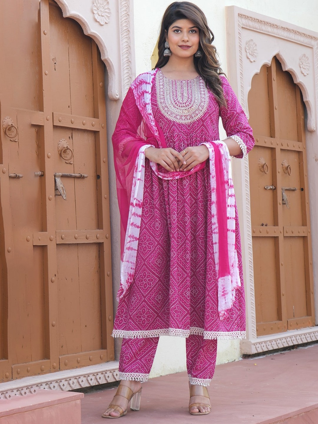 

HEBA Bandhani Printed Thread Work Anarkali Kurta with Trousers & Dupatta, Pink