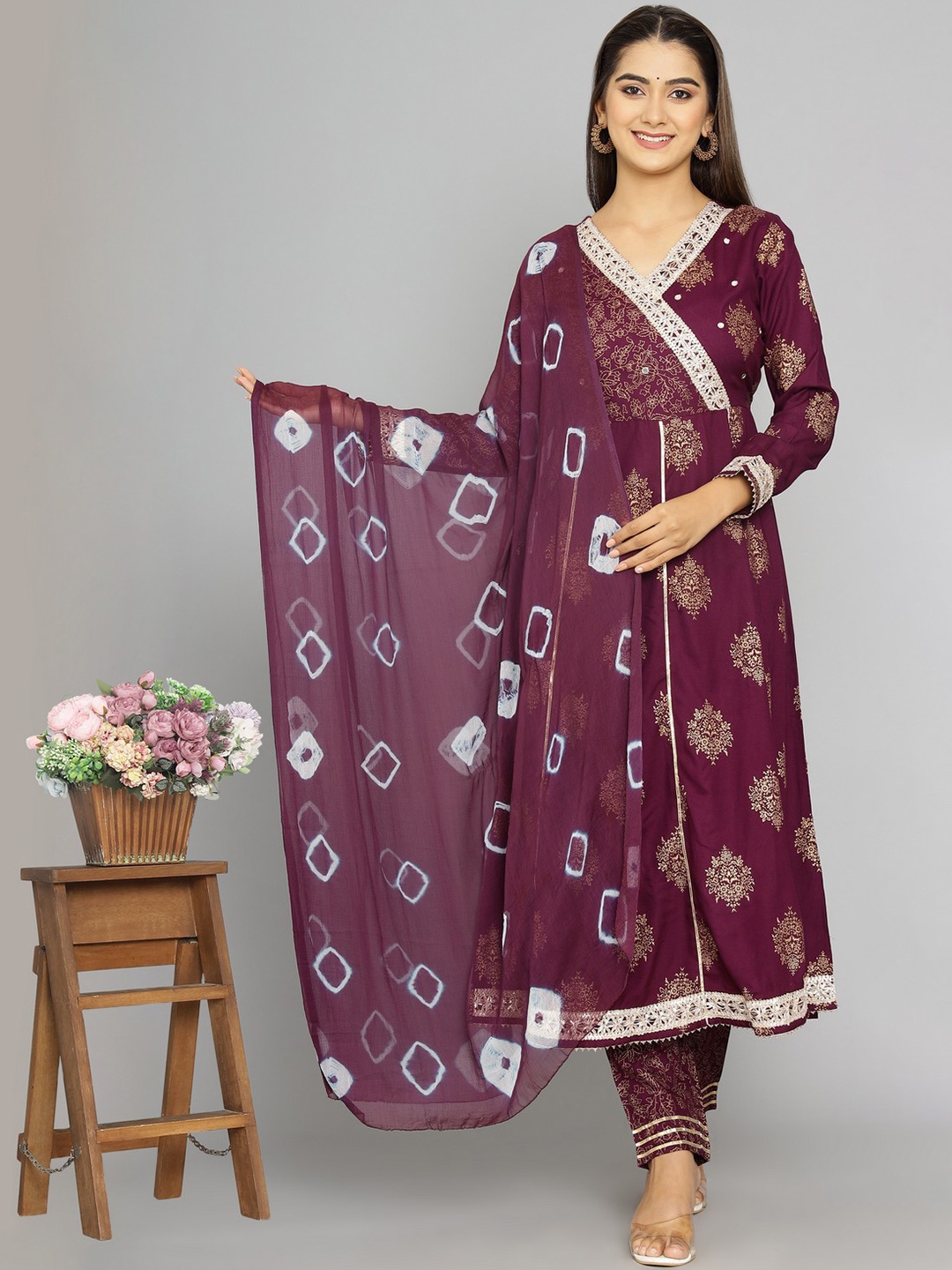 

HEBA Floral Embroidered V-Neck Anarkali Angrakha Gotta Patti Kurta Set & Dupatta, Purple