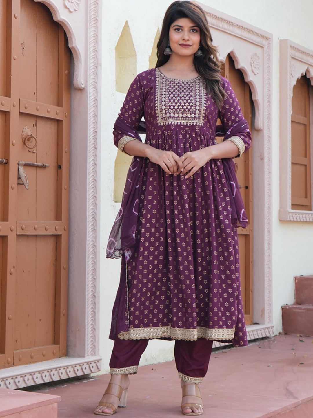 

HEBA Ethnic Motifs Printed Thread Work Straight Pleated Kurta with Trousers, Burgundy