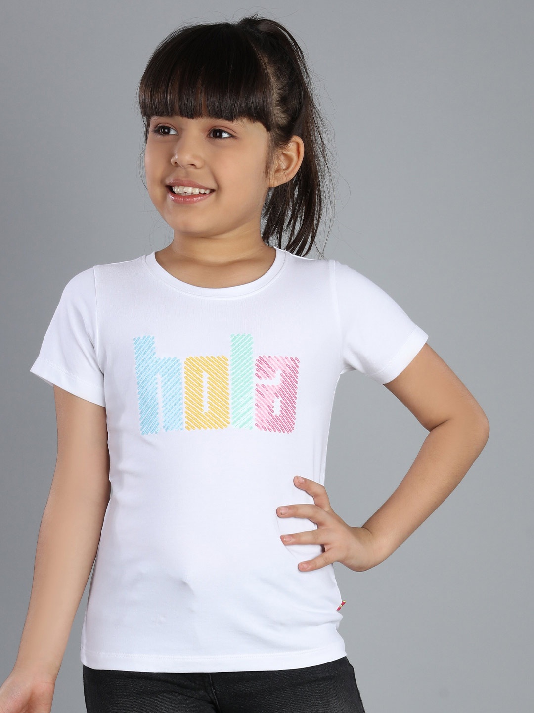 

3PIN Girls Typography Printed Round Neck T-shirt, White