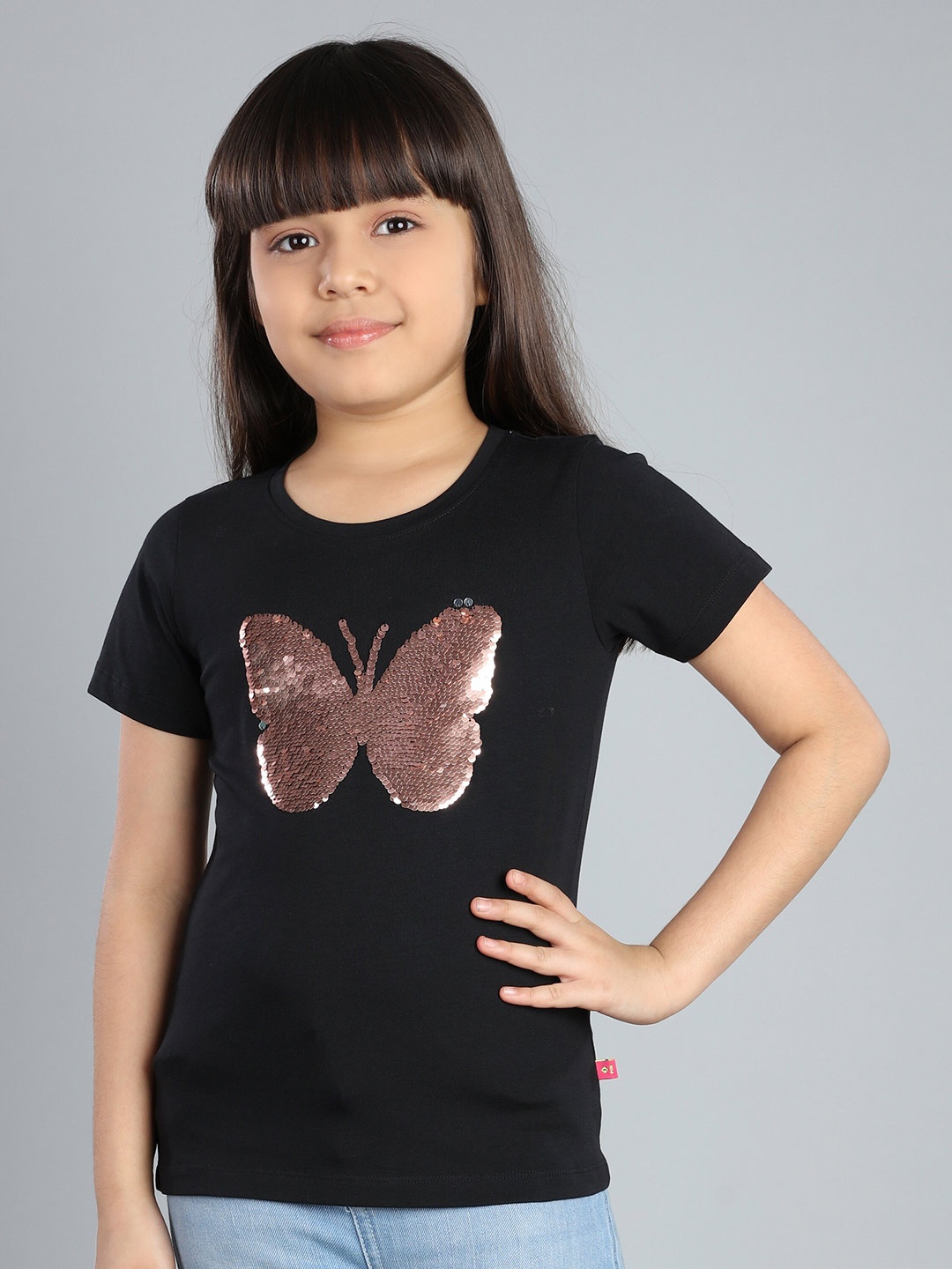 

3PIN Girls Printed Round Neck T-shirt, Black