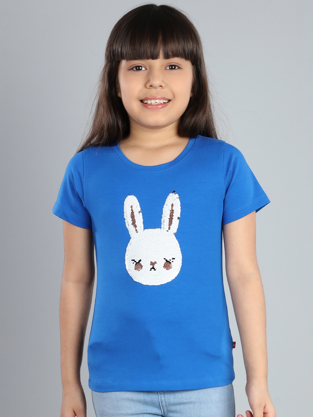 

3PIN Girls Printed Round Neck Applique T-shirt, Blue
