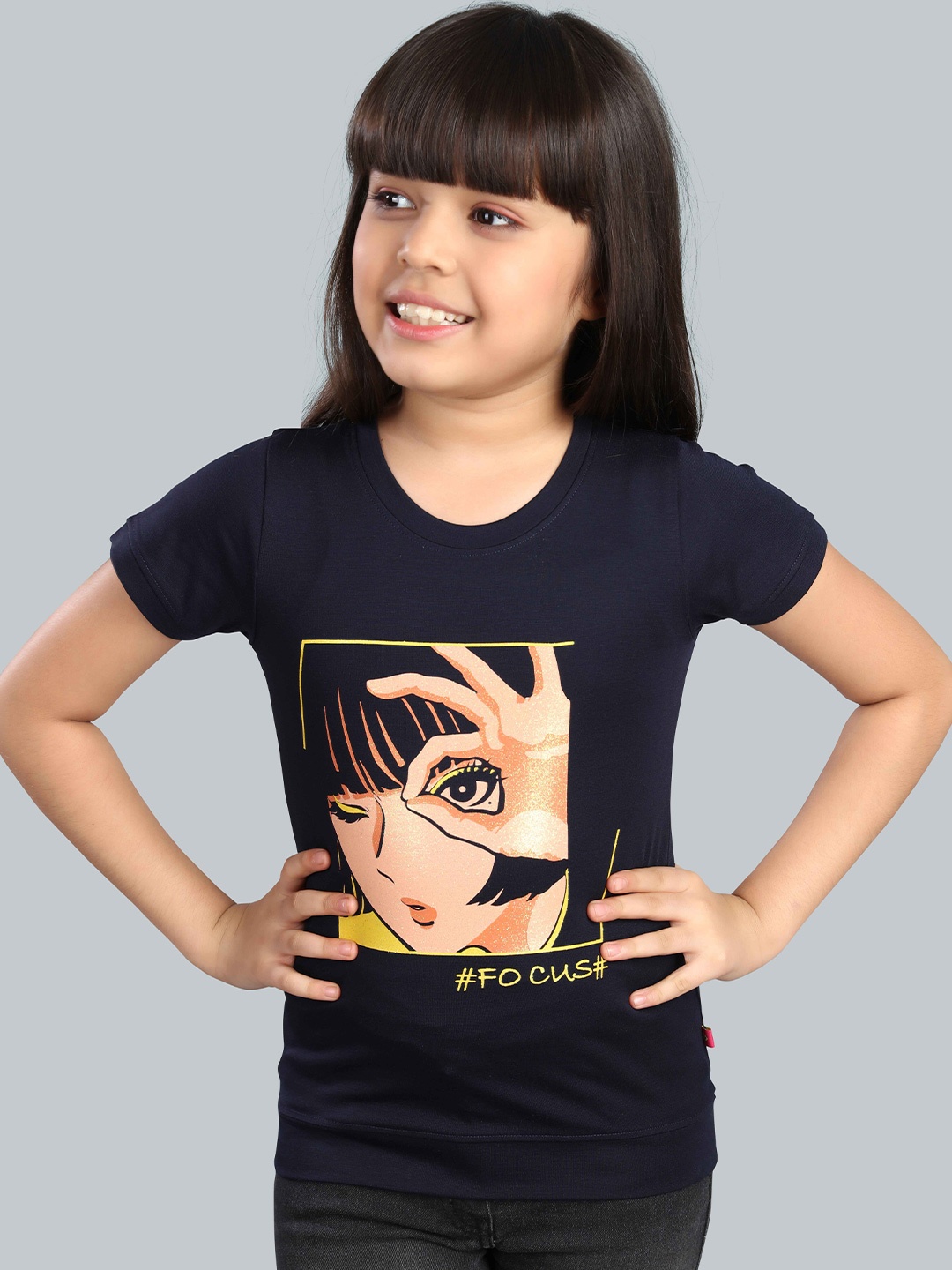 

3PIN Girls Graphic Printed Round Neck T-shirt, Navy blue