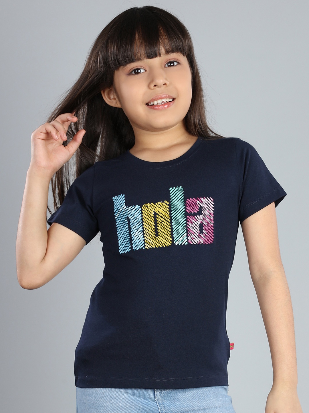 3PIN Girls Typography Printed Round Neck T-shirt, Navy blue