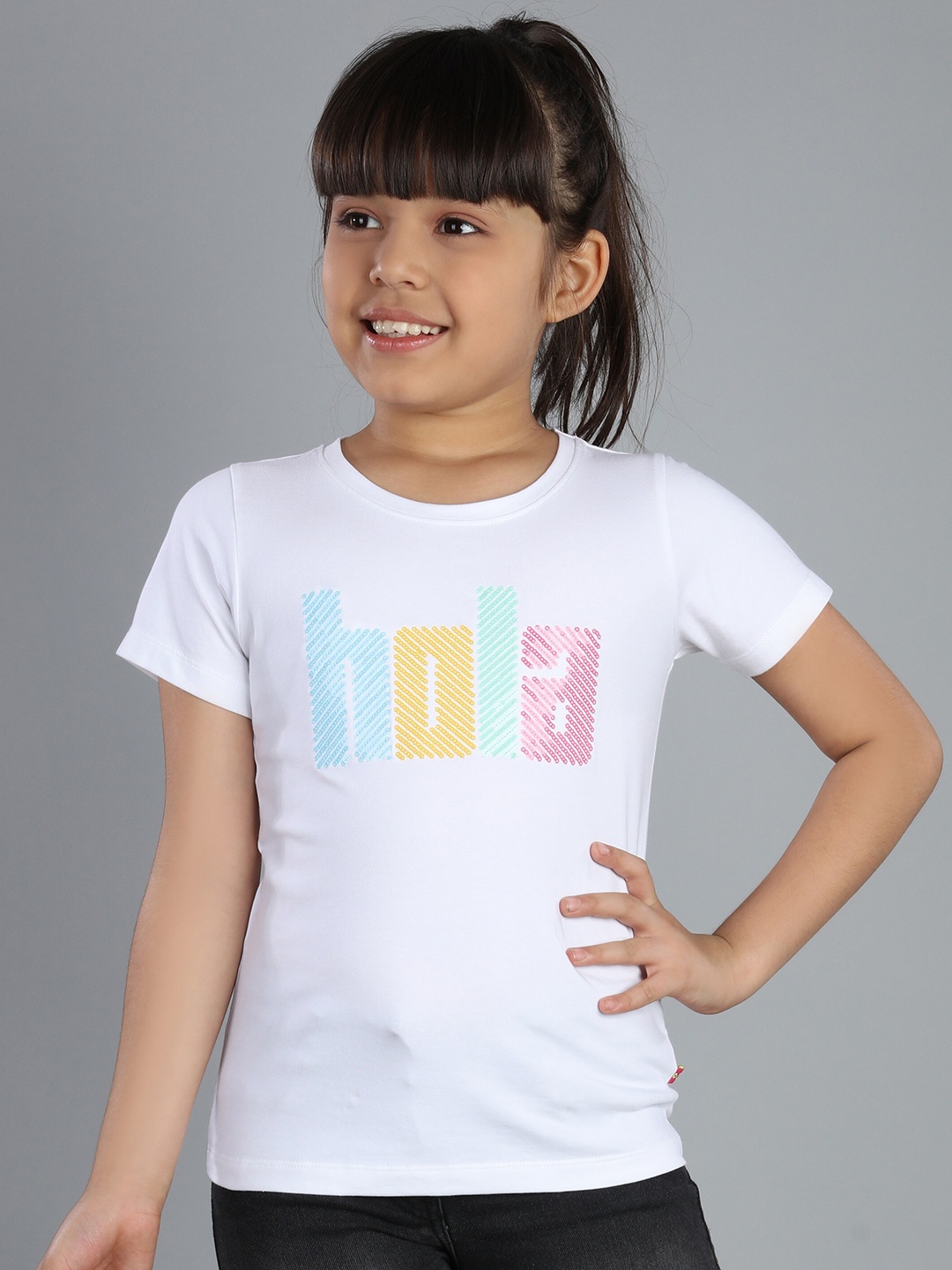 

3PIN Girls Typography Printed Round Neck T-shirt, White