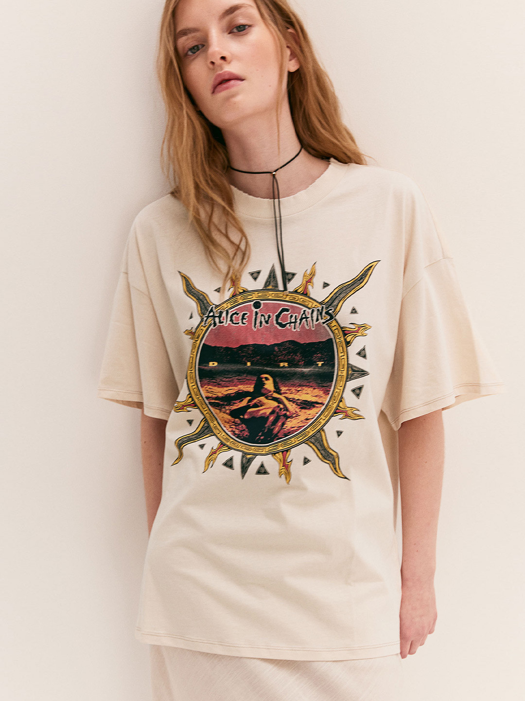 

H&M Pure Cotton Oversized Printed T-shirt, Beige