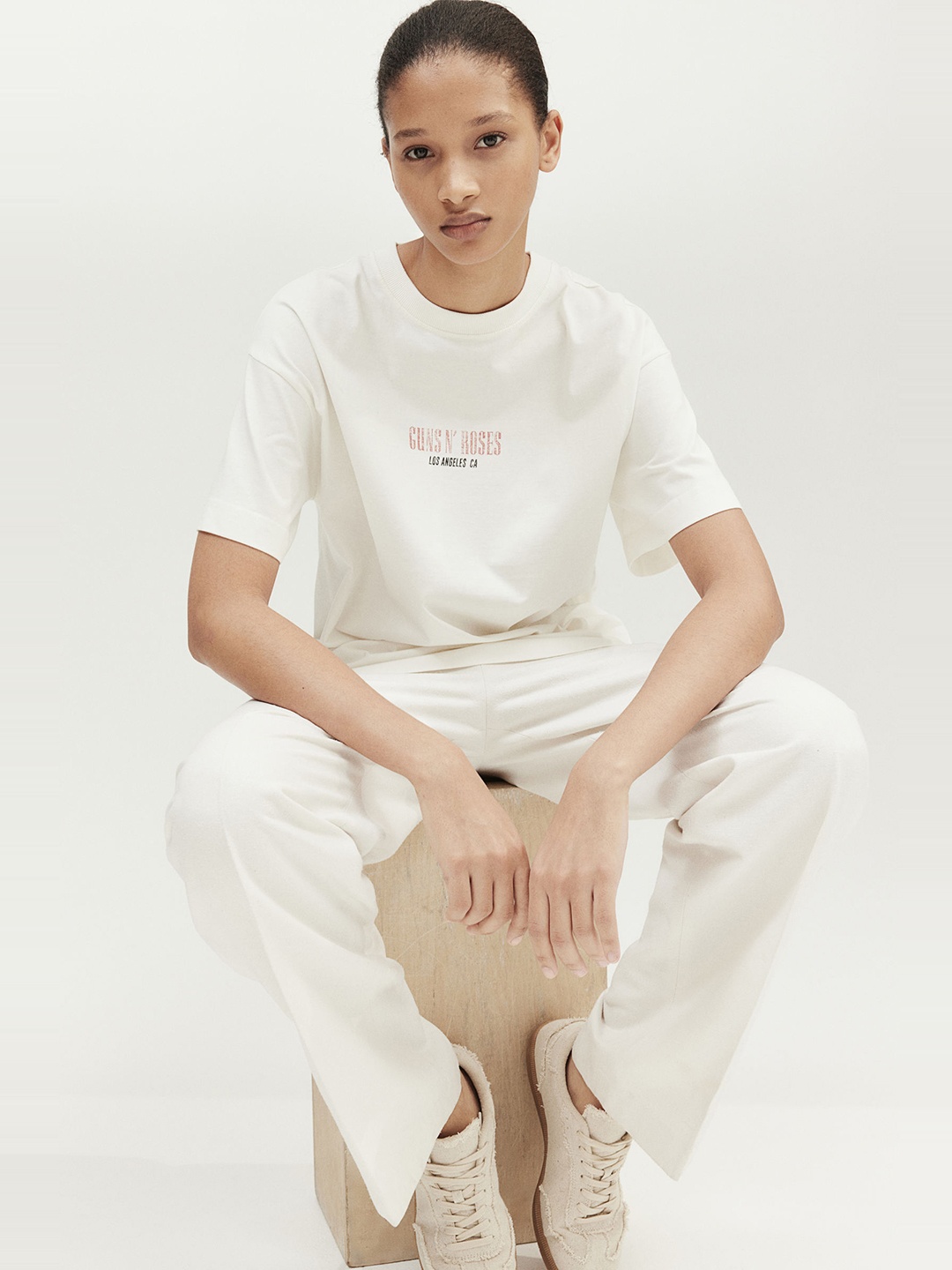 

H&M Pure Cotton Long Printed T-Shirt, White