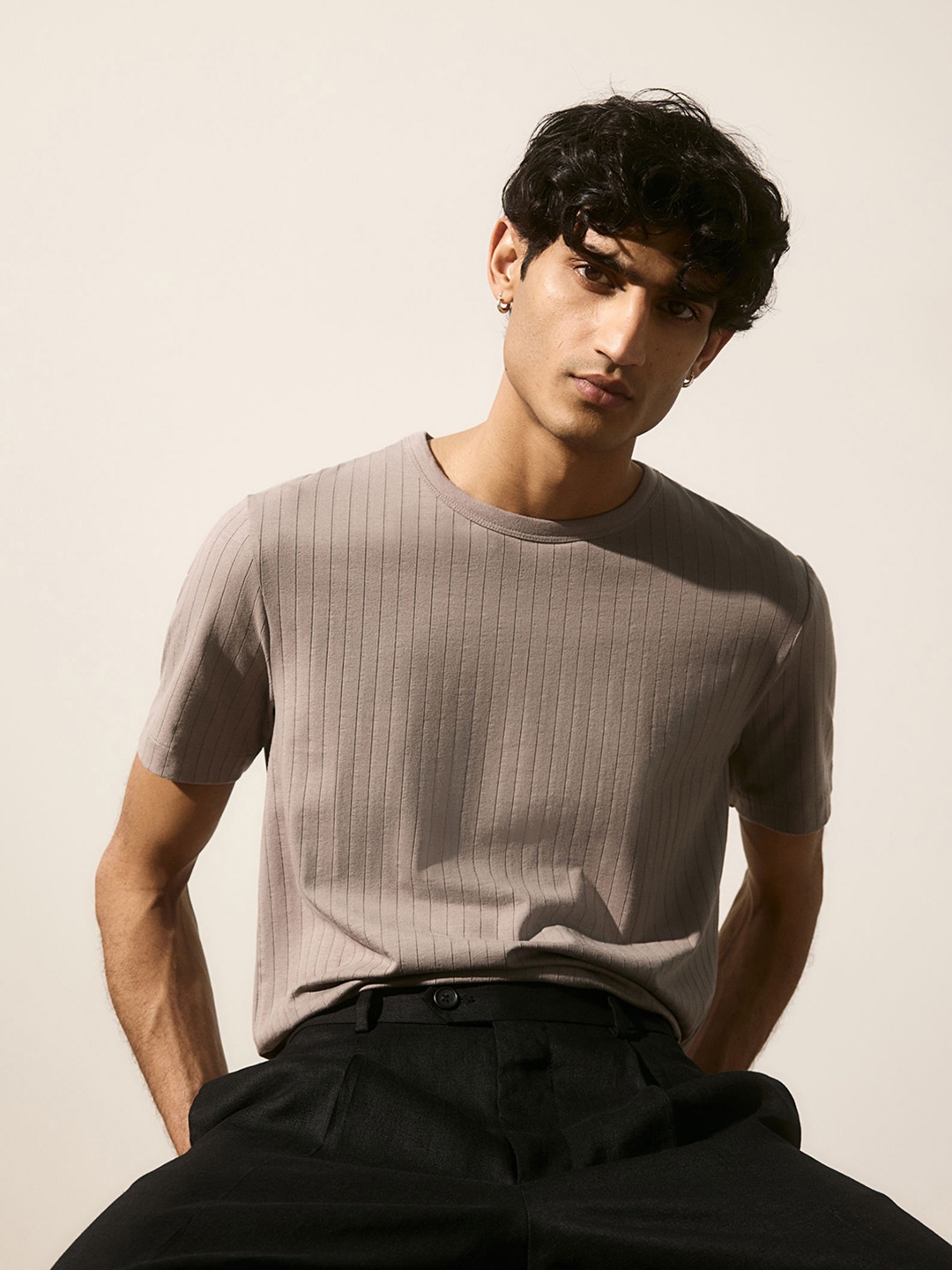 

H&M Slim Fit Ribbed Lyocell-Blend T-Shirt, Beige