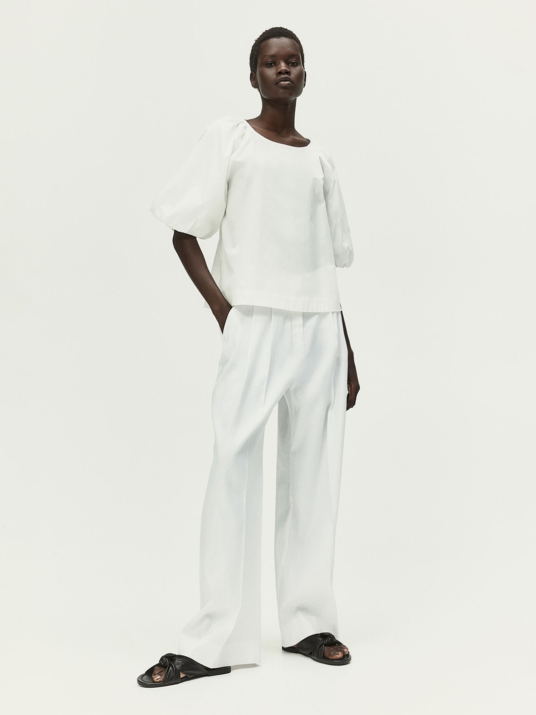 

H&M Pure Cotton Puff-Sleeved Blouse, White