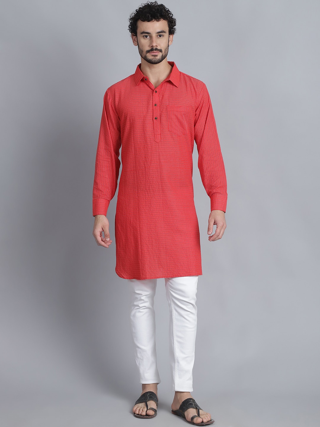 

Sayesha Striped Long Sleeves Pathani Cotton Kurta, Red