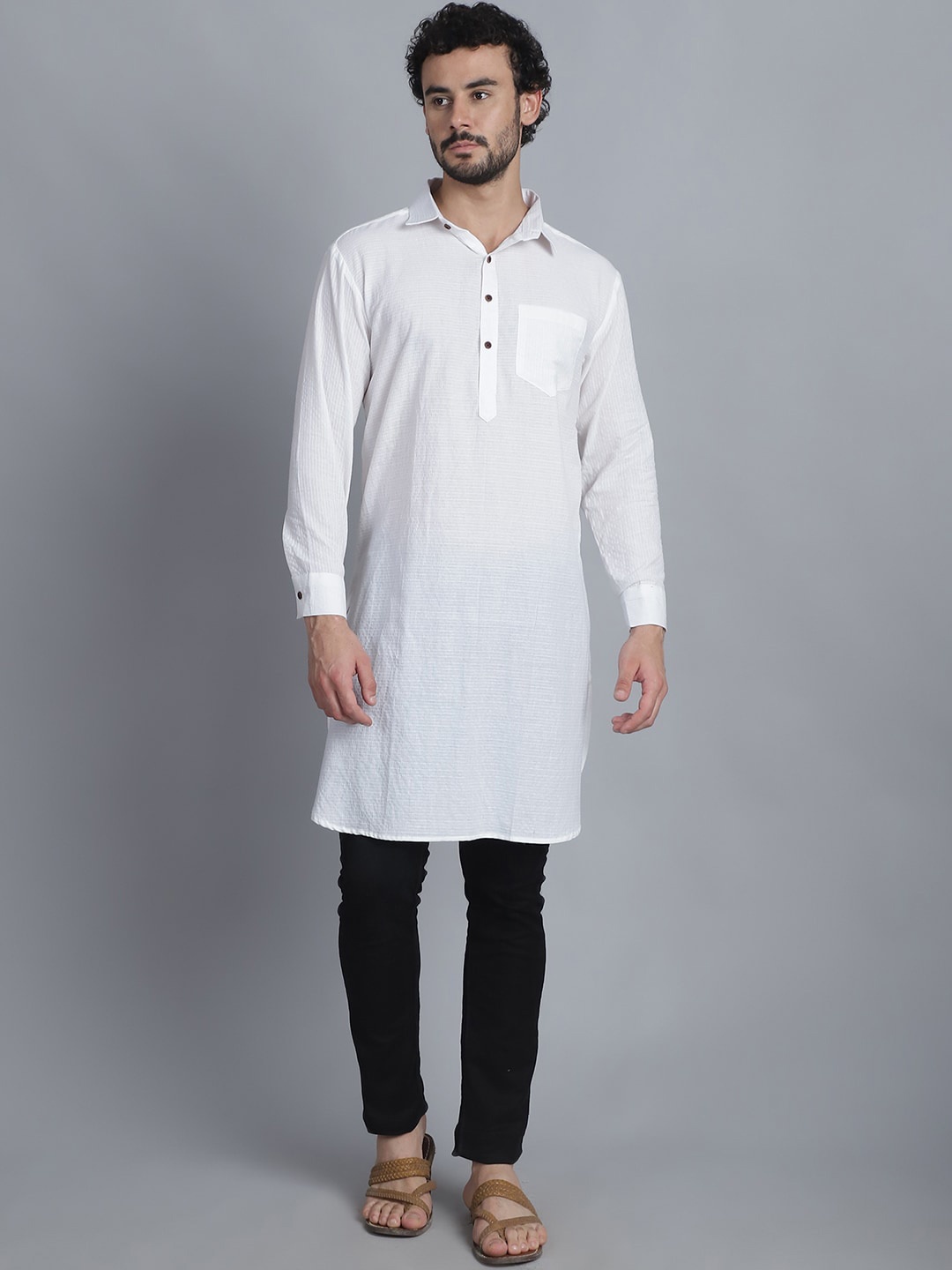 

Sayesha Striped Woven Design Long Sleeves Pathani Cotton Kurta, White