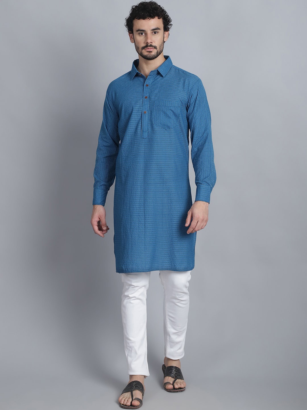 

Sayesha Striped Long Sleeves Pathani Cotton Kurta, Teal