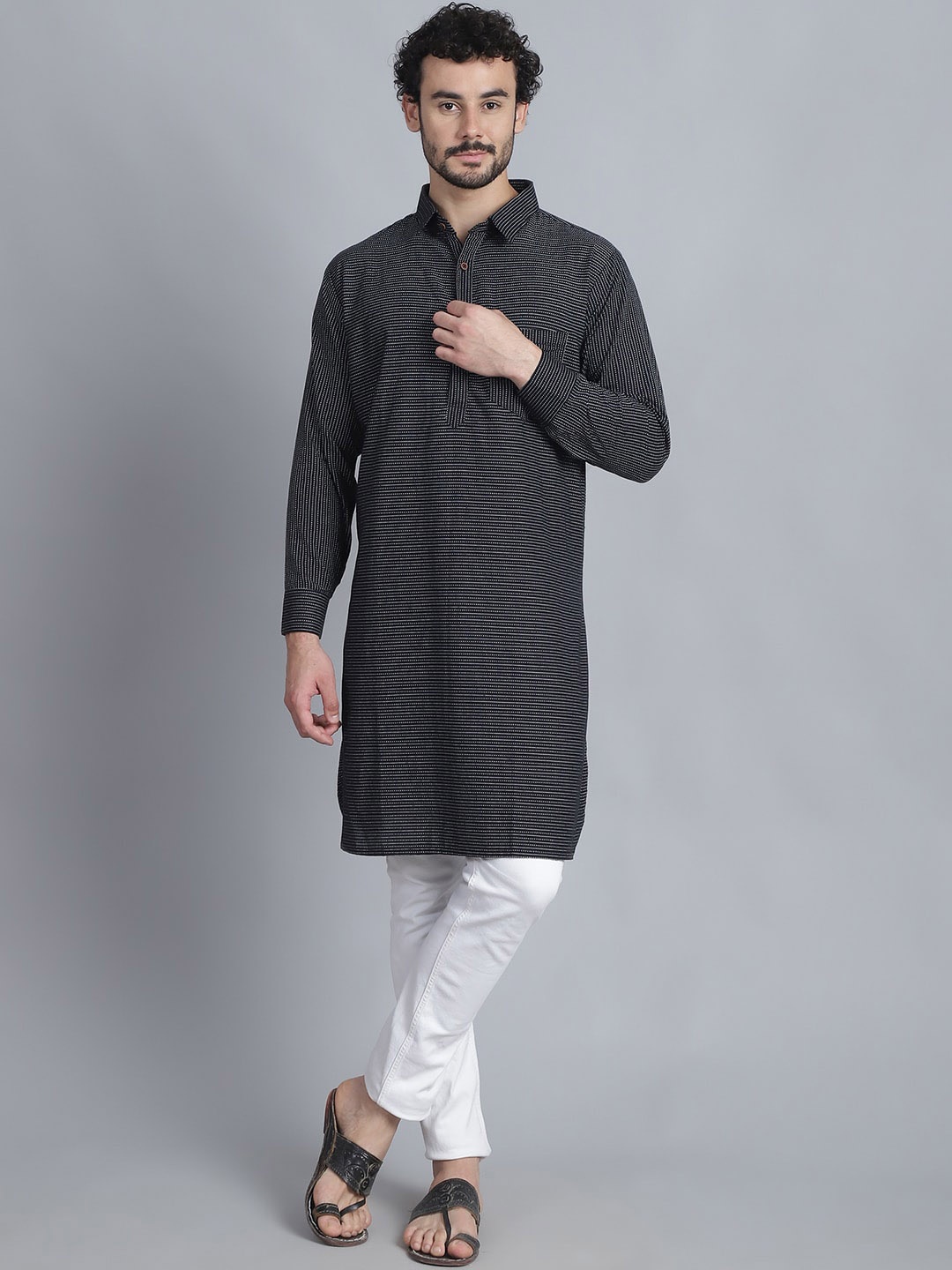 

Sayesha Striped Long Sleeves Pathani Cotton Kurta, Black