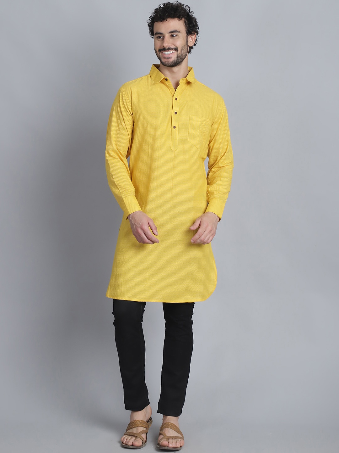 

Sayesha Striped Long Sleeves Pathani Cotton Kurta, Yellow