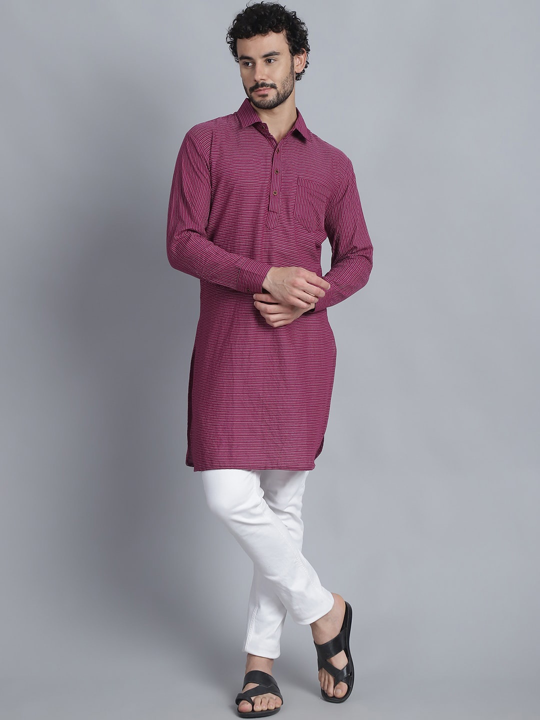 

Sayesha Striped Long Sleeves Pathani Cotton Kurta, Magenta