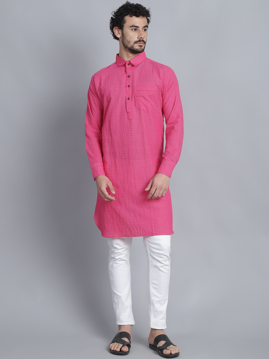 

Sayesha Striped Long Sleeves Pathani Cotton Kurta, Pink
