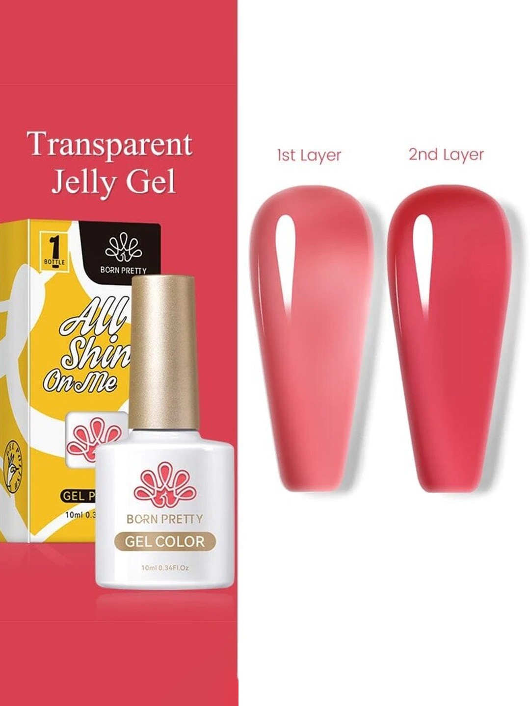 

BORN PRETTY All Shine On Me Jelly Nude Soak Off Varnish Gel Nail Polish 10ml - JN37, Red