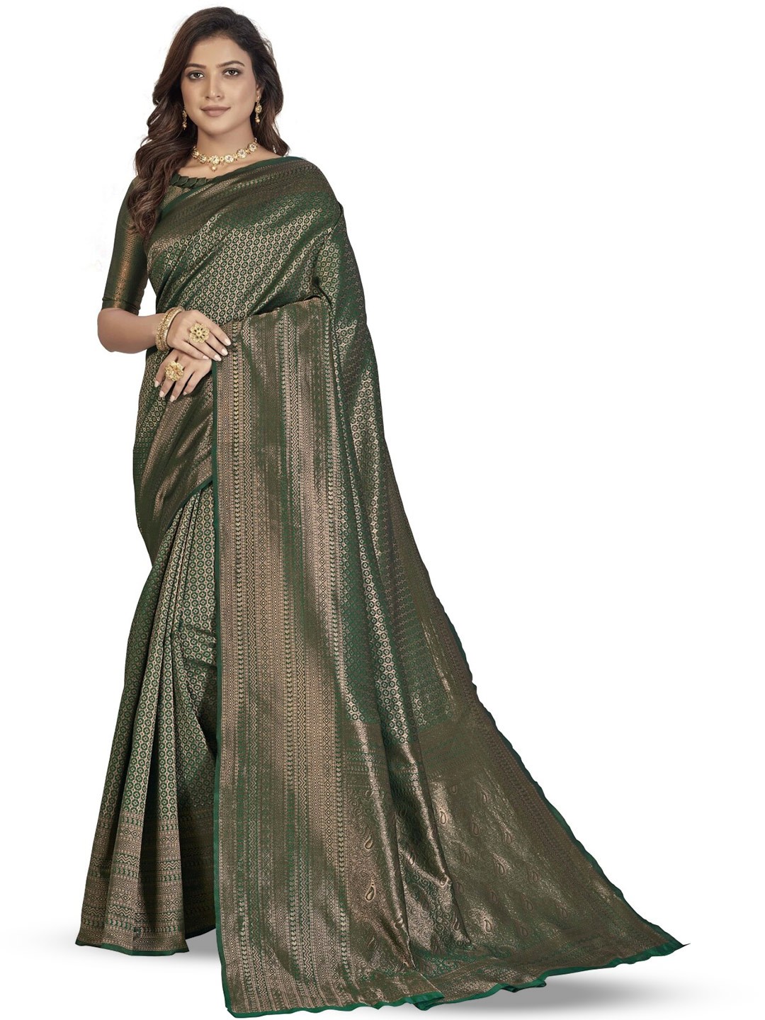 

HOLLYBEE TELLS Ethnic Motifs Woven Design Zari Pure Silk Kanjeevaram Saree, Green