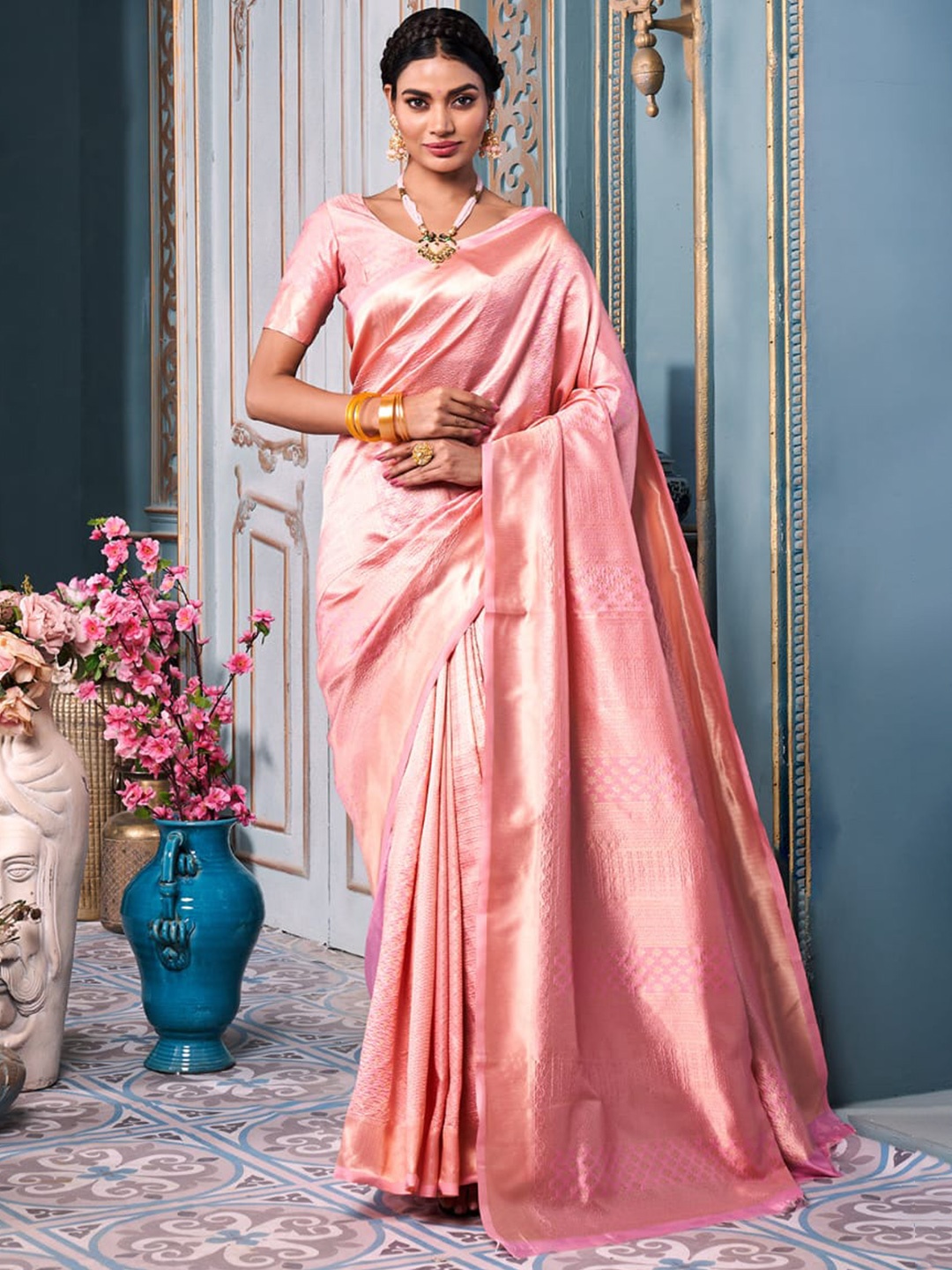 

HOLLYBEE TELLS Ethnic Motifs Zari Pure Silk Kanjeevaram Saree, Pink