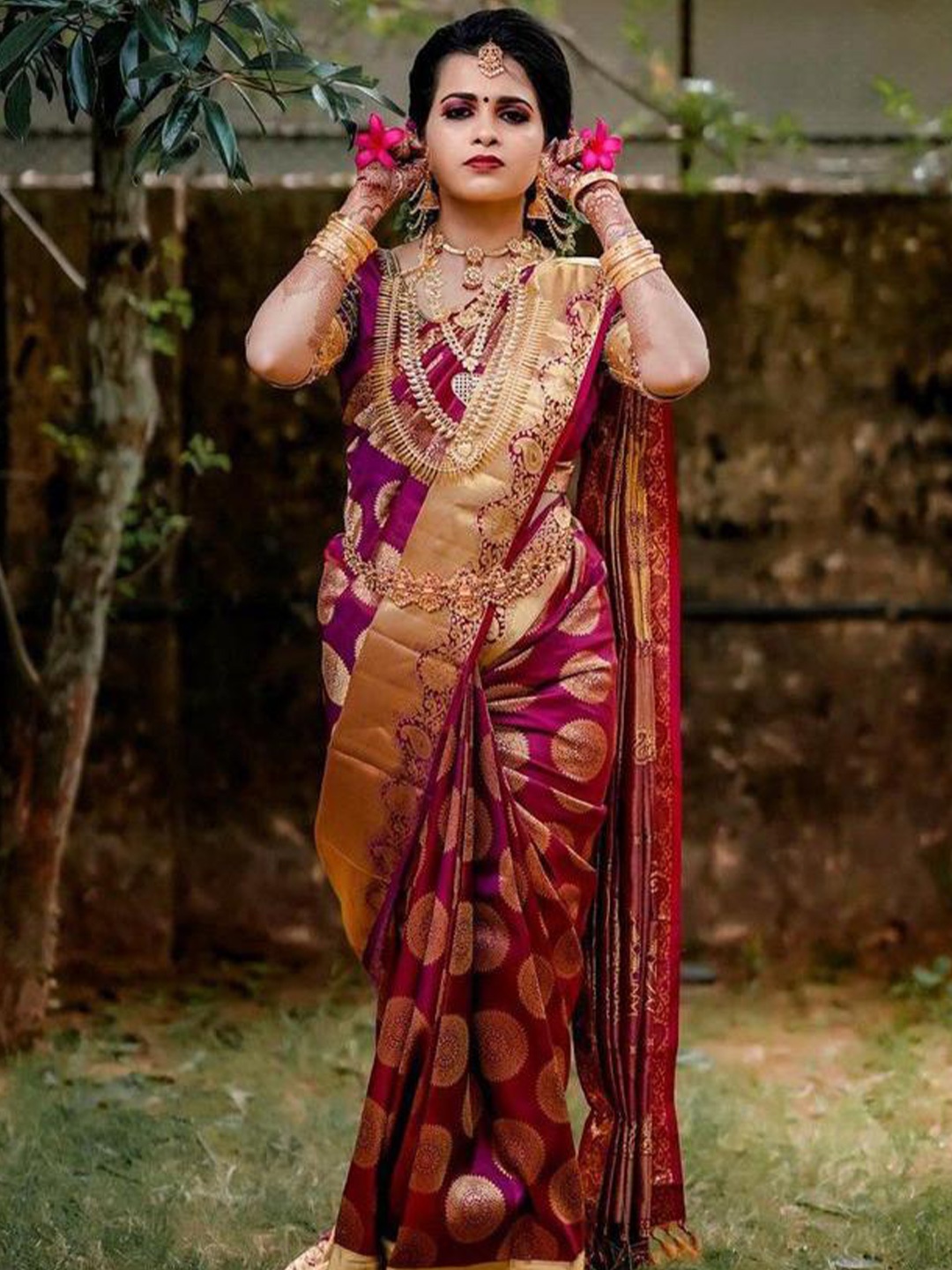 

HOLLYBEE TELLS Ethnic Motifs Pure Silk Kanjeevaram Zari Saree, Pink