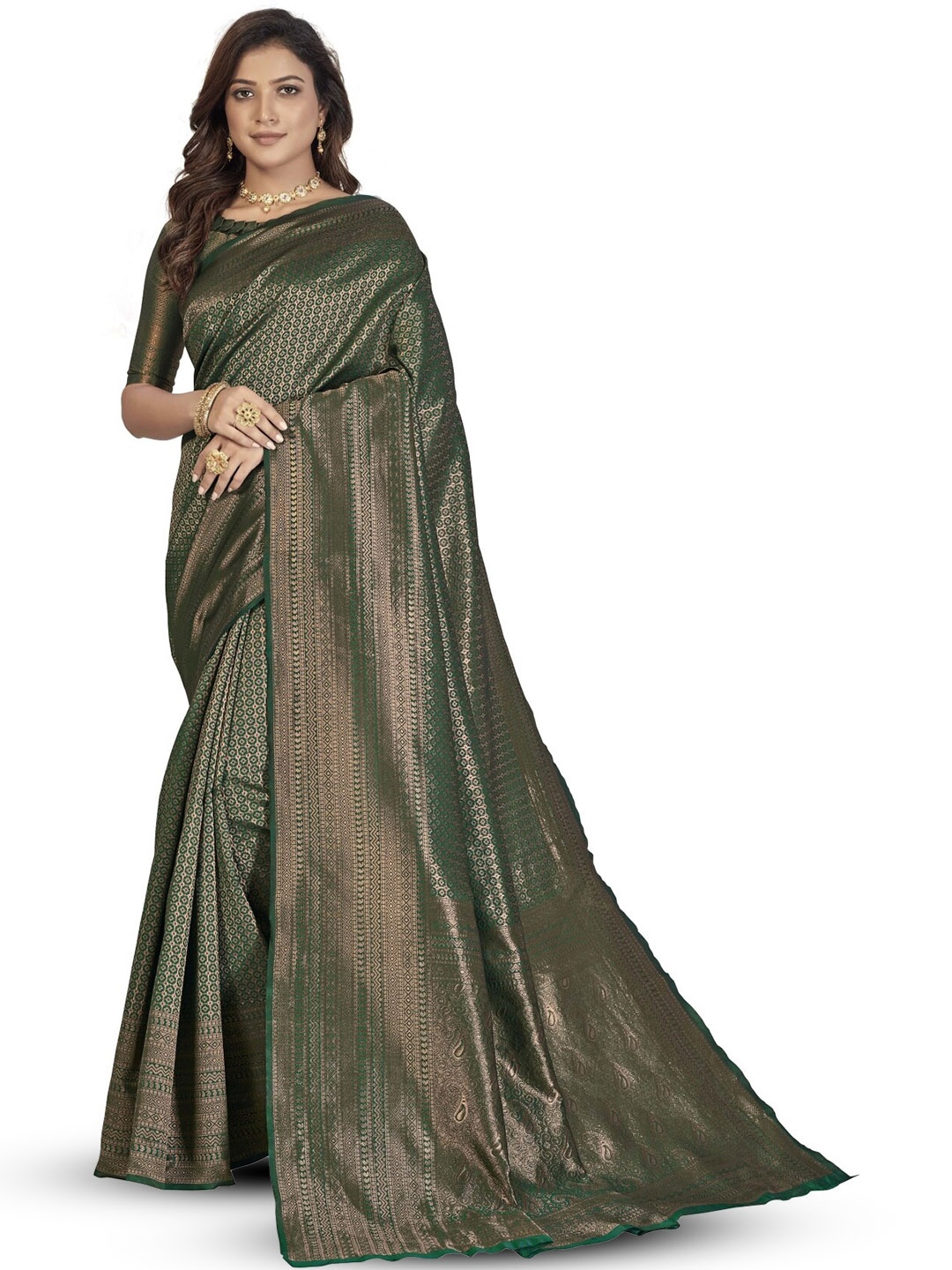 

HOLLYBEE TELLS Ethnic Motifs Zari Pure Silk Mysore Silk Saree, Green