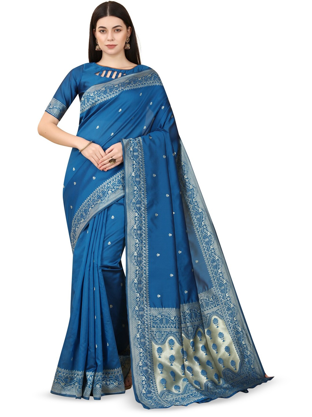 

HOLLYBEE TELLS Ethnic Motifs Zari Pure Silk Saree, Blue