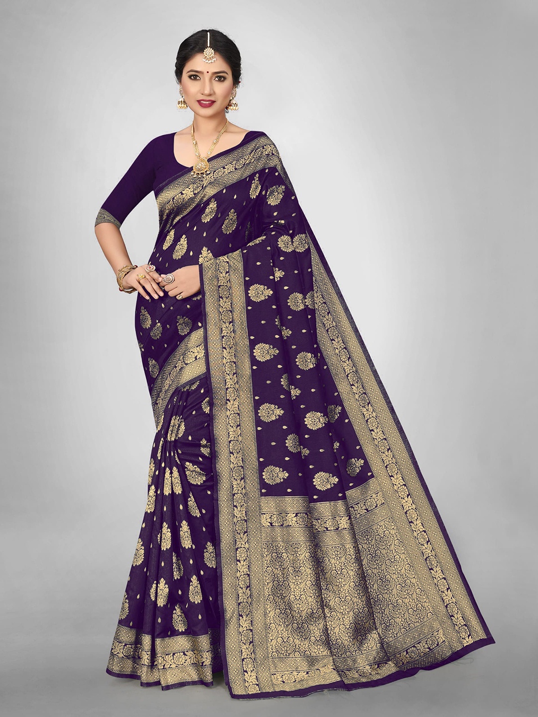 

HOLLYBEE TELLS Ethnic Motifs Zari Pure Silk Banarasi Saree, Purple