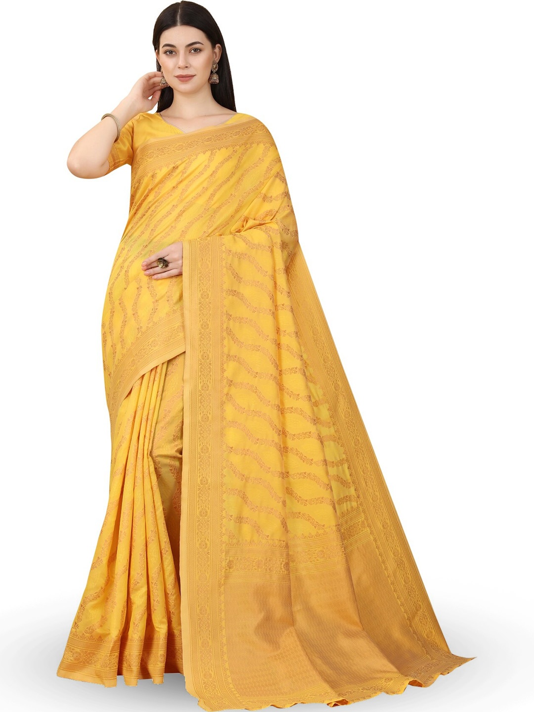 

HOLLYBEE TELLS Floral Zari Pure Silk Tussar Saree, Yellow