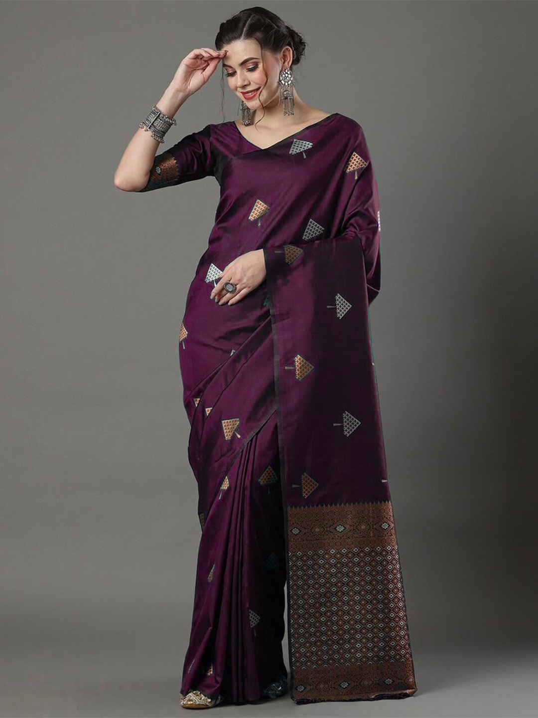 

HOLLYBEE TELLS Ethnic Motifs Woven Design Zari Pure Silk Tussar Saree, Purple