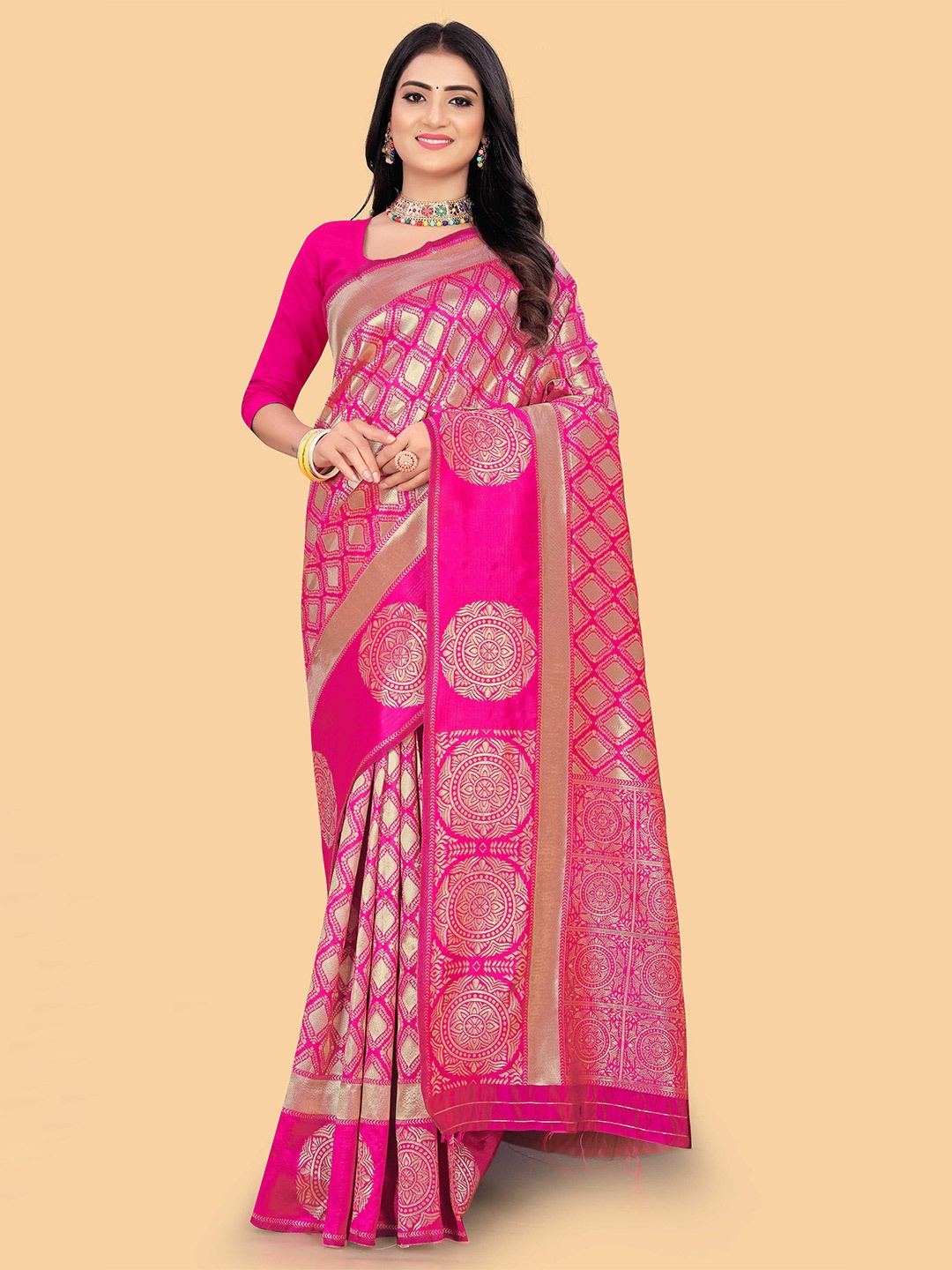 

HOLLYBEE TELLS Ethnic Motifs Woven Design Zari Pure Silk Tussar Saree, Pink