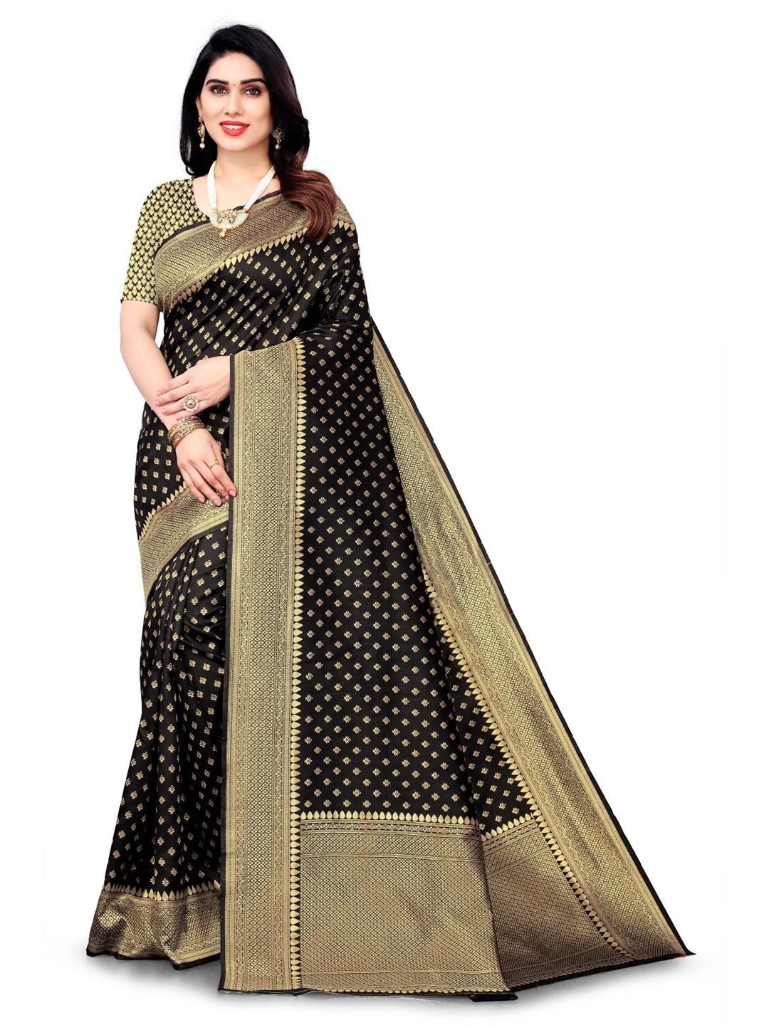 

HOLLYBEE TELLS Ethnic Motifs Pure Silk Tussar Zari Saree, Black