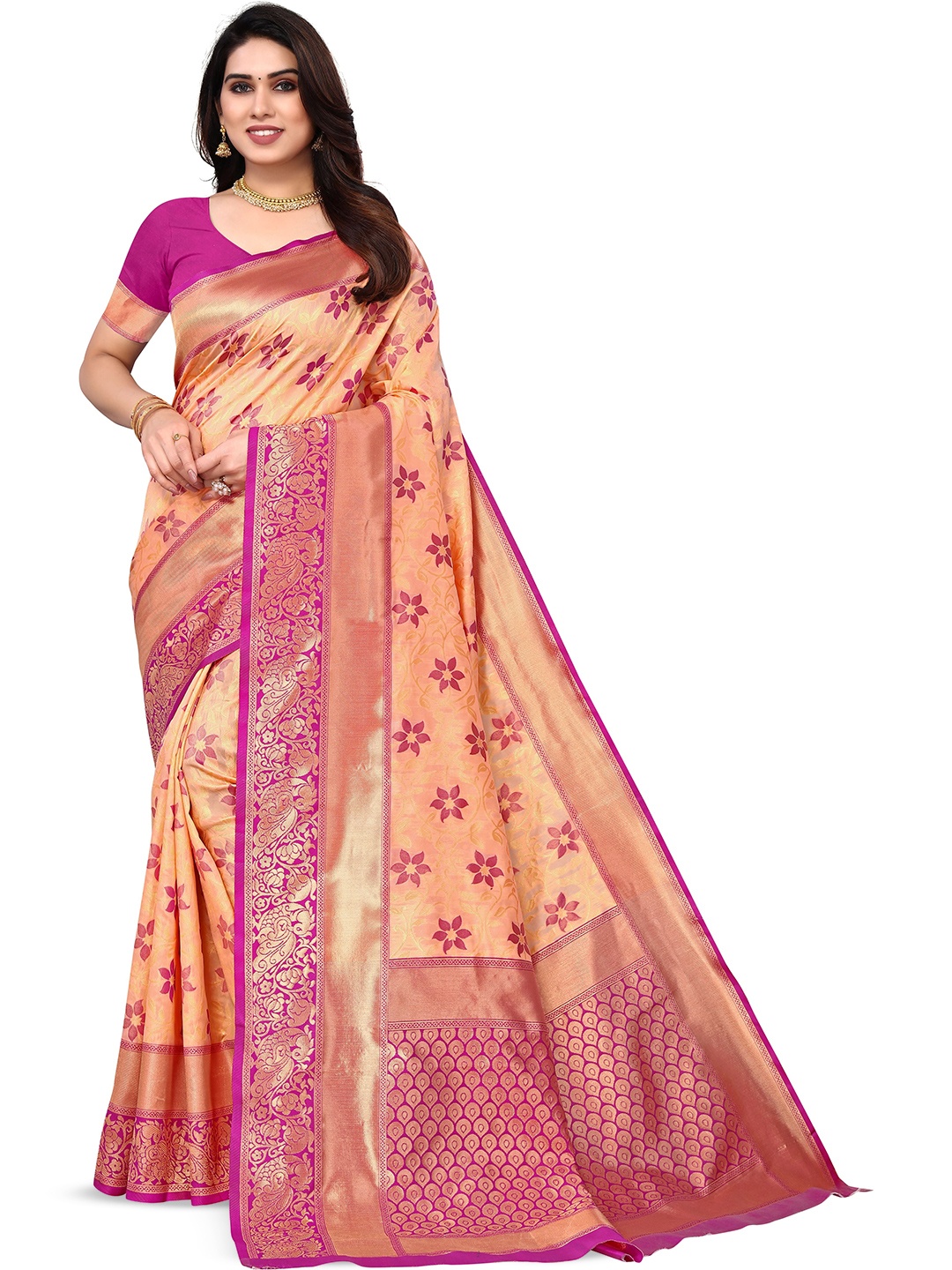 

HOLLYBEE TELLS Ethnic Motifs Pure Silk Kanjeevaram Zari Saree, Pink