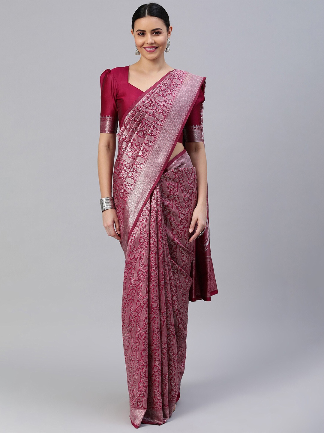 

HOLLYBEE TELLS Paisley Wven Design Zari Pure Silk Mysore Silk Saree, Maroon